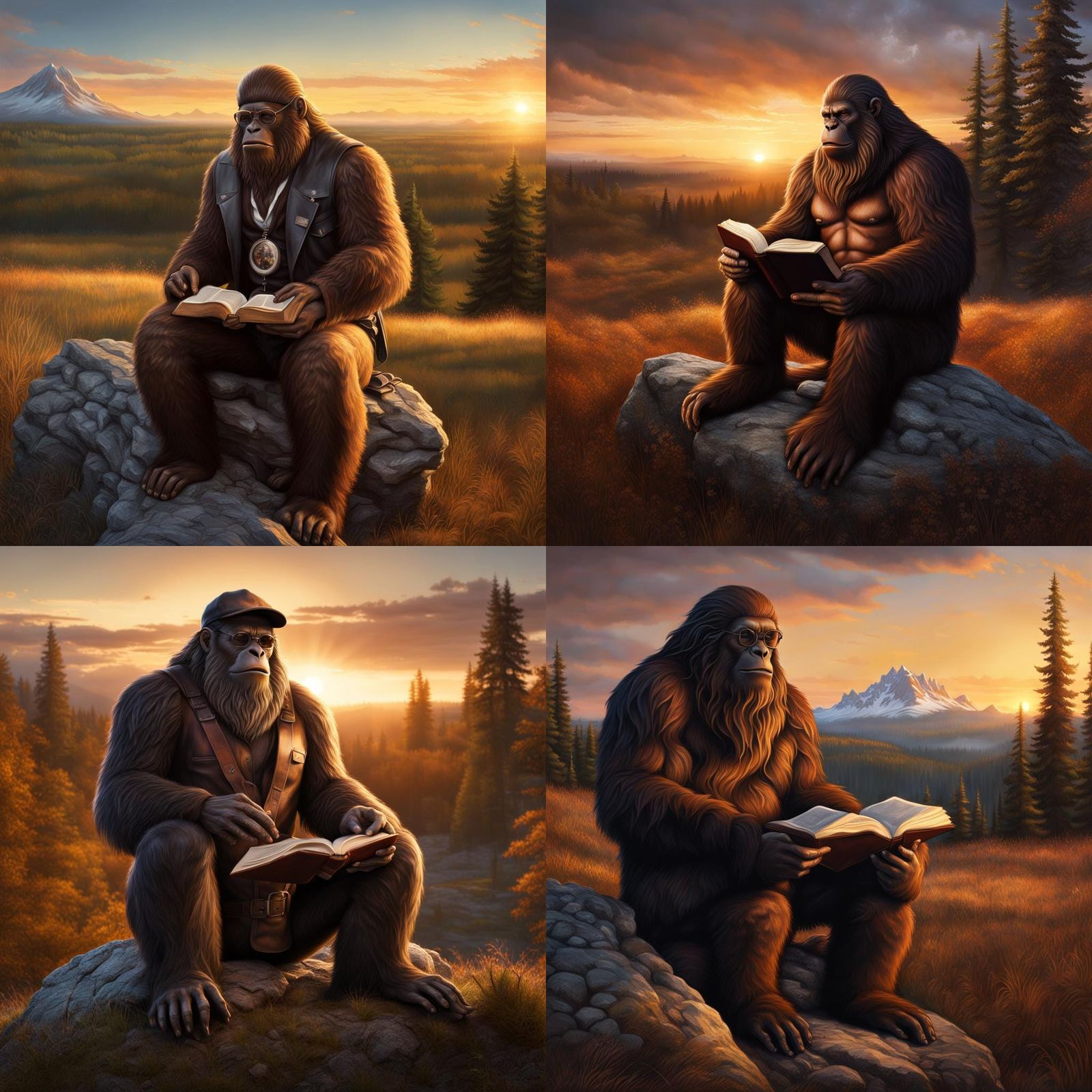 Hyperrealistic Bigfoot Reading Bible at Sunset