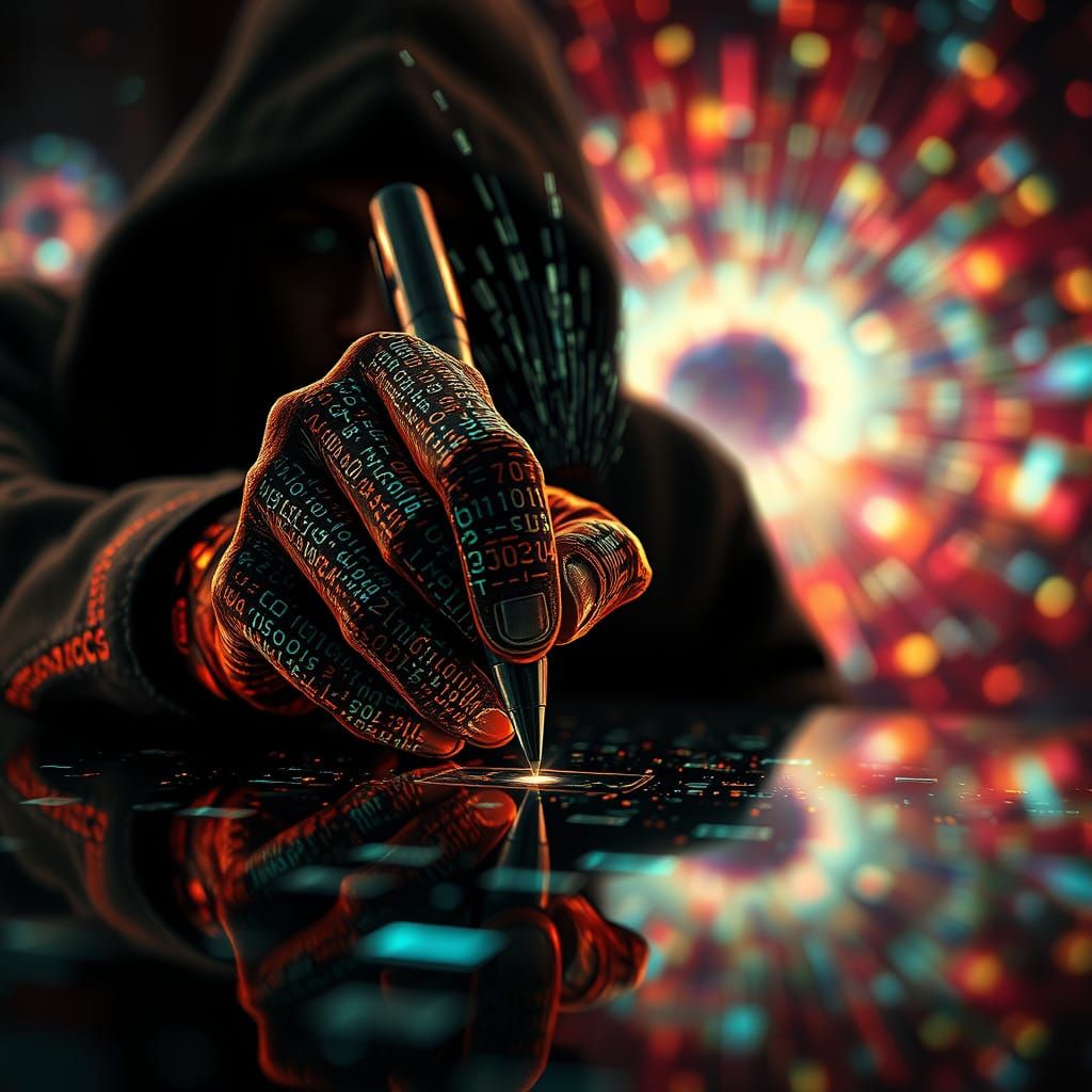 Hyperrealistic Hand Writing Code in Futuristic Style