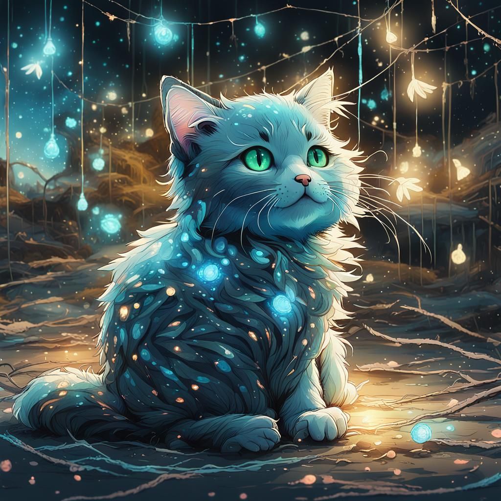Bioluminescent Chibi Cat in Hyperrealistic Style