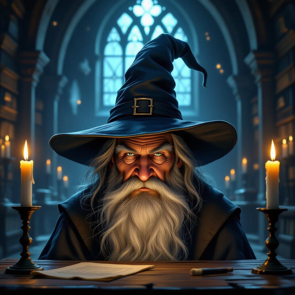 Ancient Wizard Hat with Wise Face in Candlelit Hall
