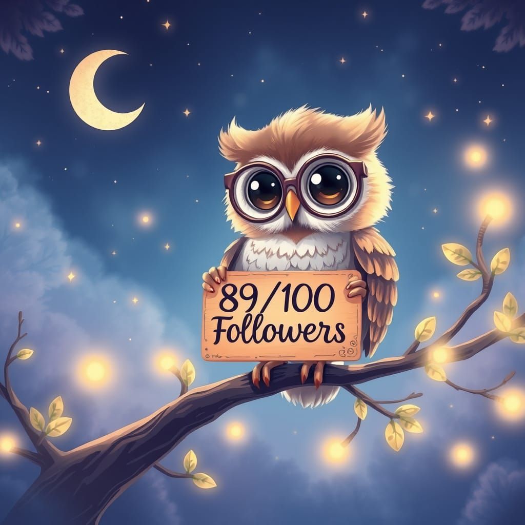 Kawaii Owl Celebrates Followers in Dreamy Forest