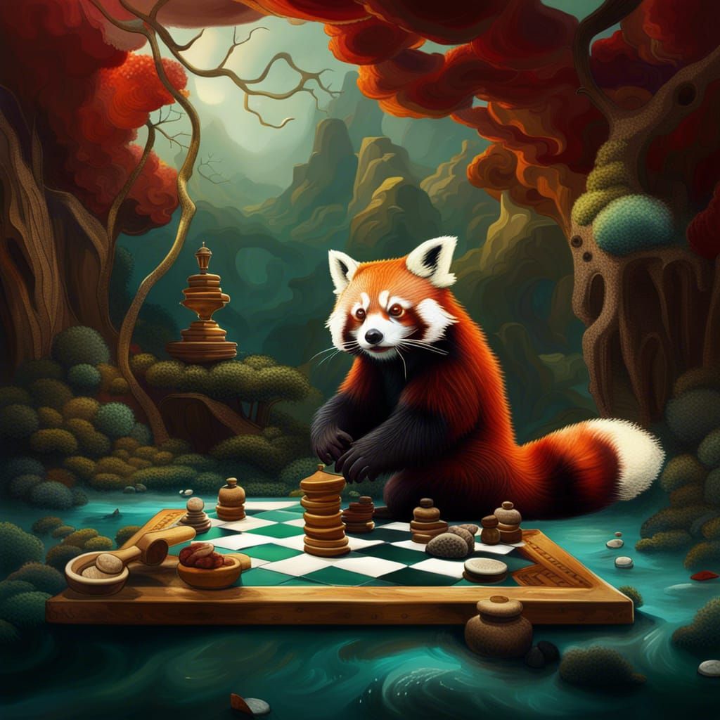 Red Panda Checkers Game in Surrealist Oil Painting