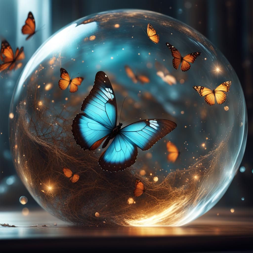 Butterfly in Sphere: Photorealistic Maximalist Art