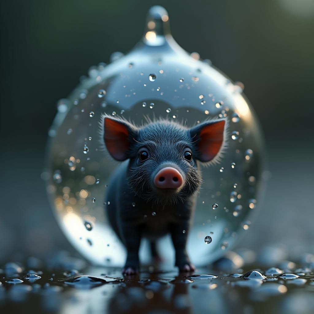 Miniature Piglet in Raindrop, Hyper-Realistic Digital Art