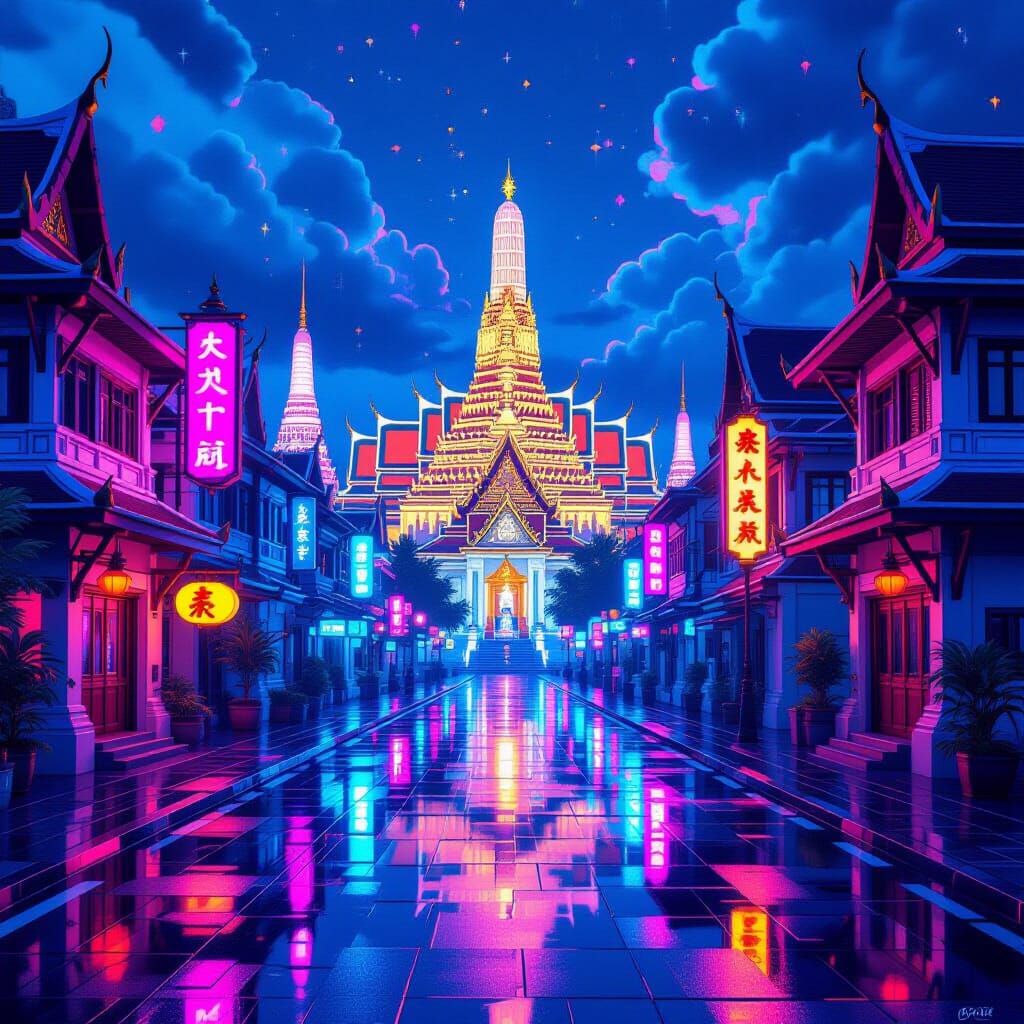 Anime Thailand Cityscape with Neon Lights in 3D Style