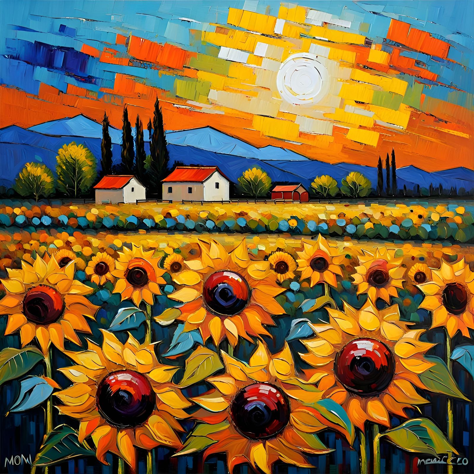 Sunflower Field, Palette Knife Painting