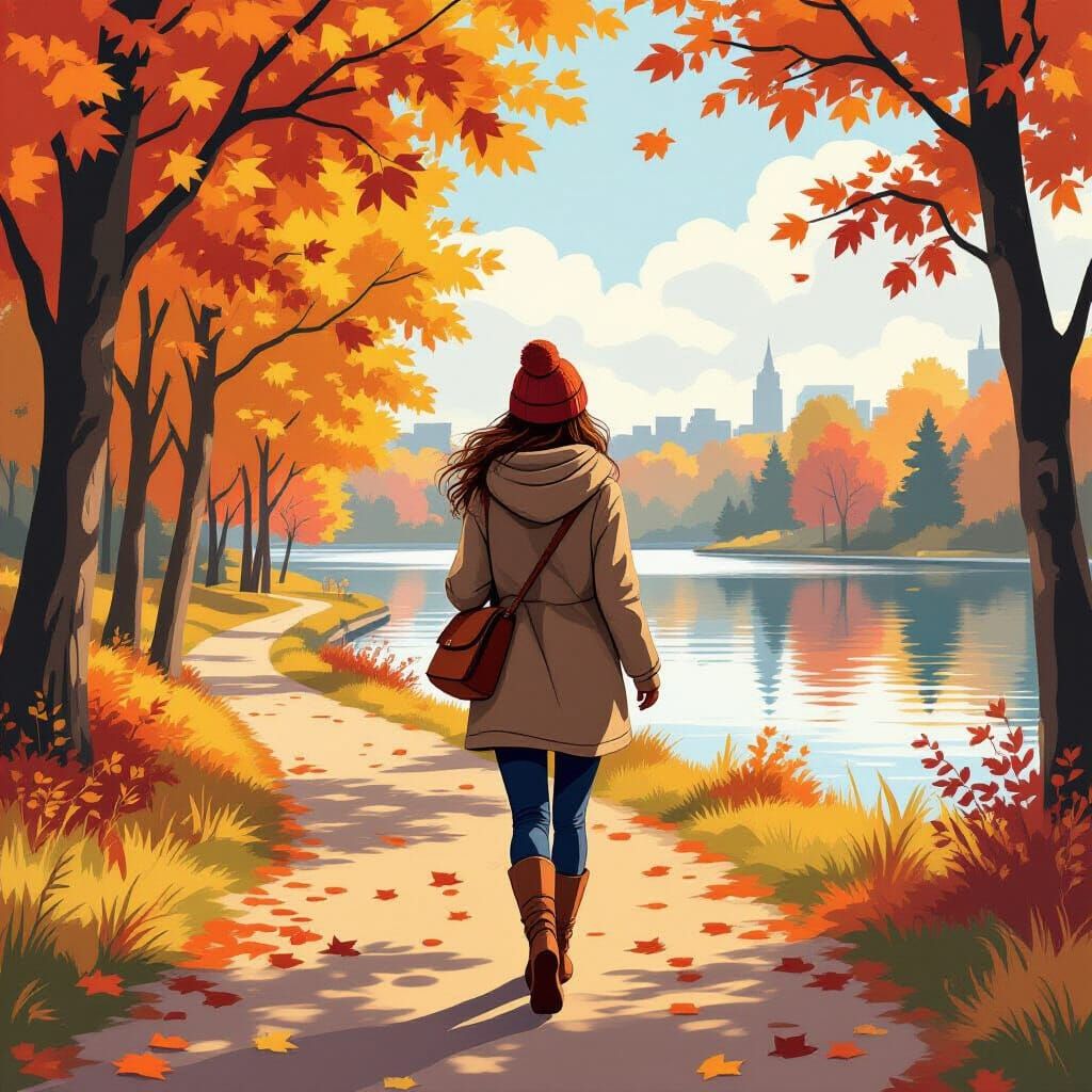 anime walks in the autumn park trail by lake