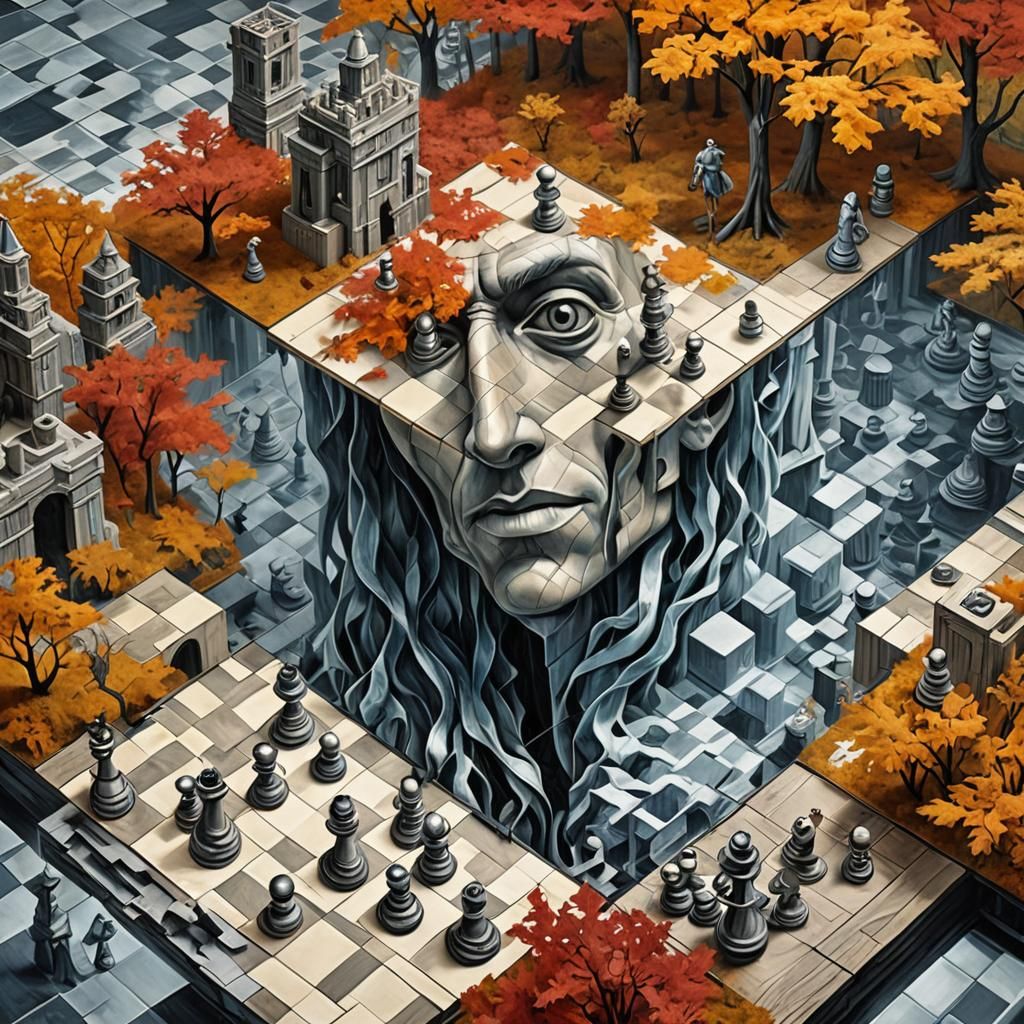 Surreal Autumn Chessboard in a Dreamlike Forest