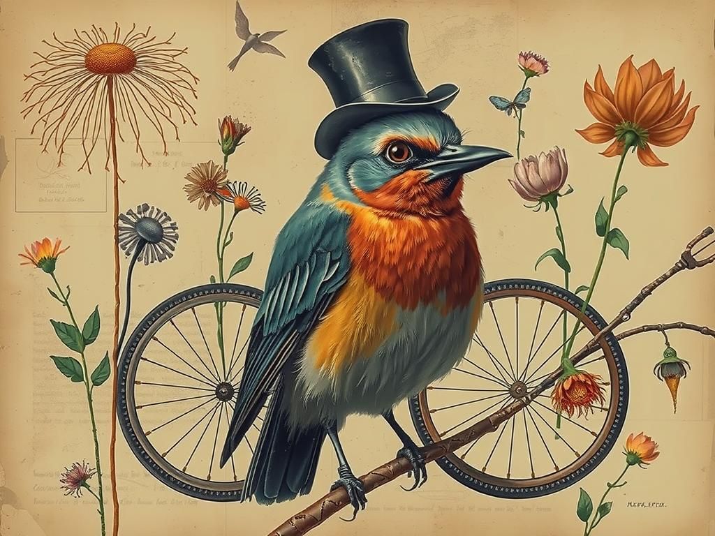 Dadaist Bird with Bicycle Wheels in Curio Cabinet