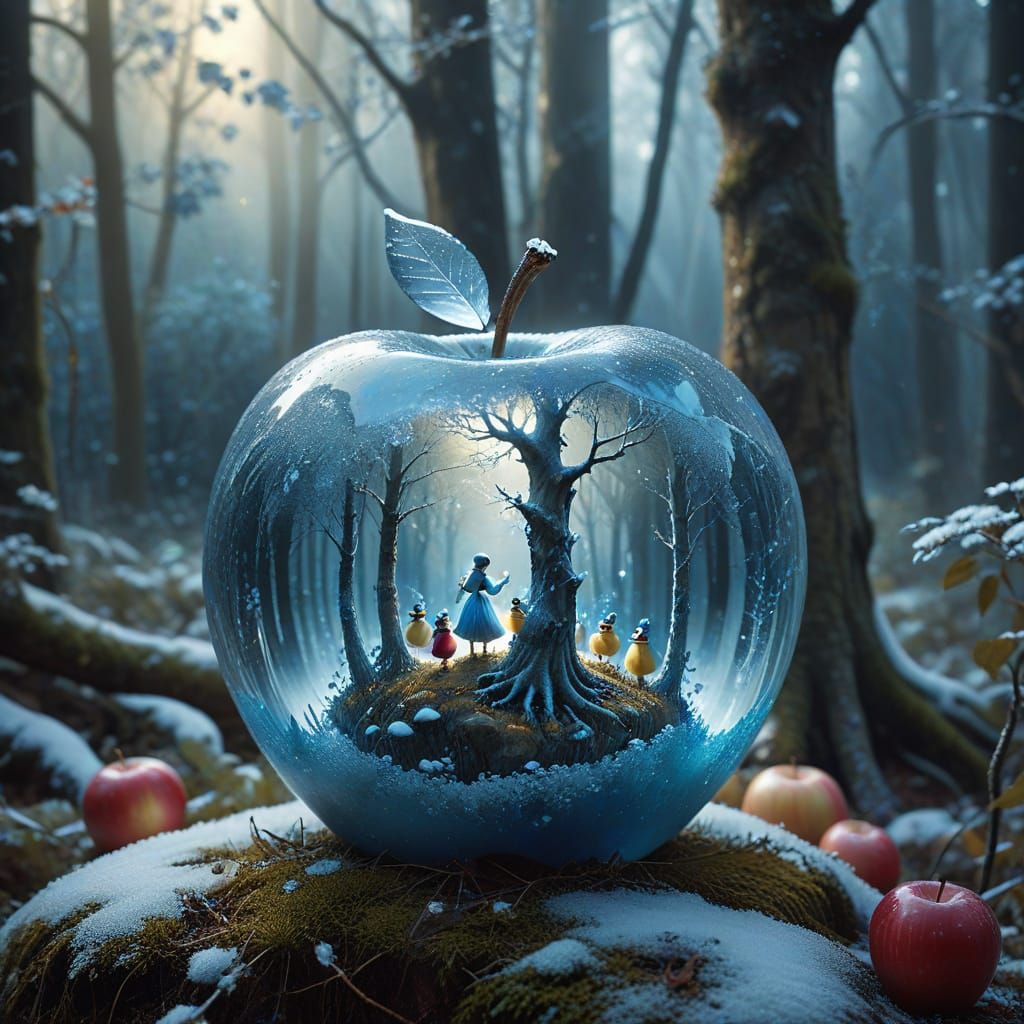 Double exposure from a  crystal apple filled with snow white...