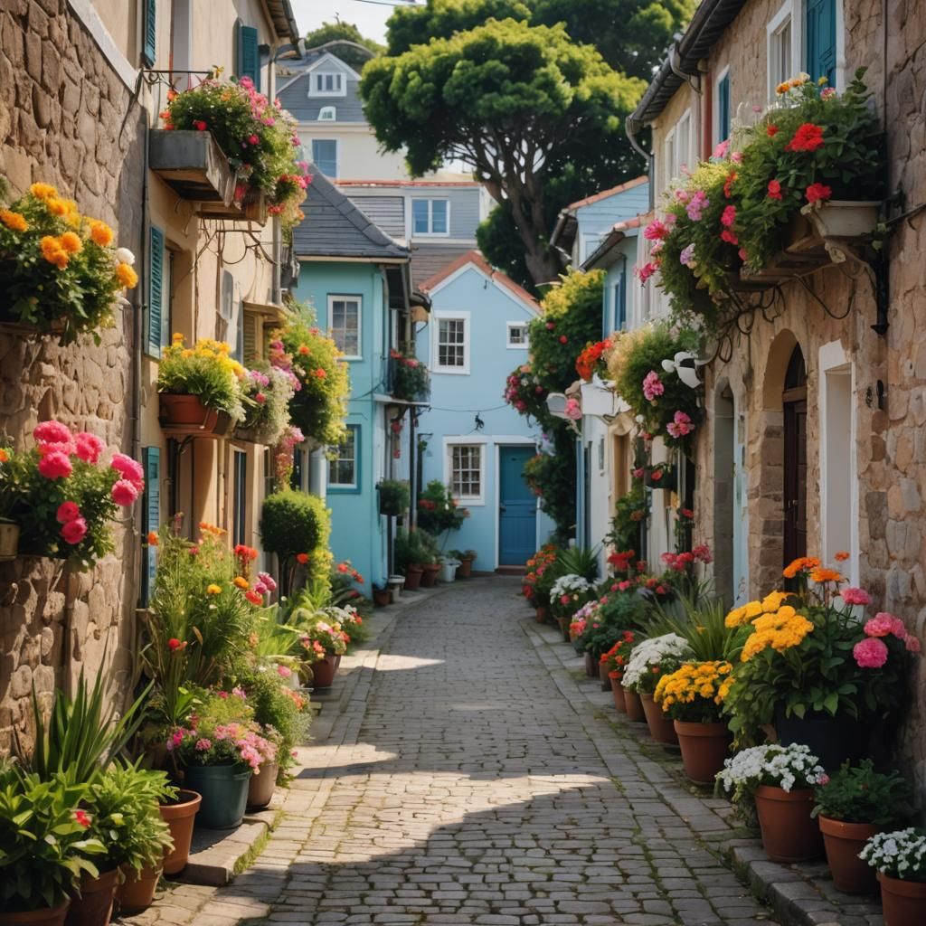 Charming Coastal Alley with Colorful Gardens