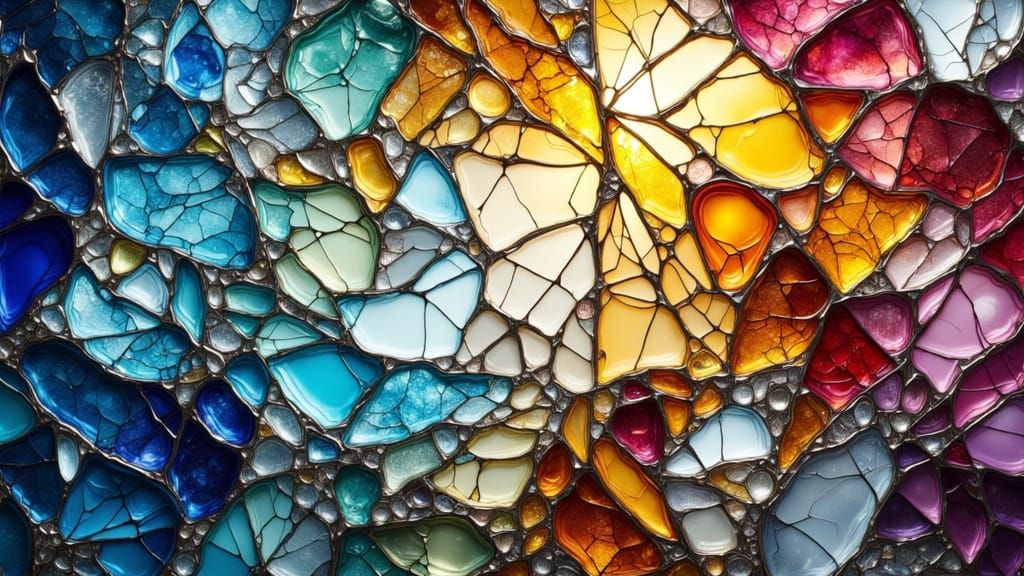 Stained Glass Shards Reflecting Light with Ink Splash