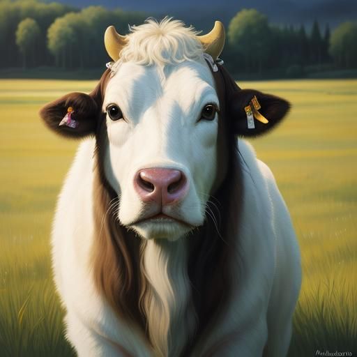 Happy Cows Frolic in Meadow: Oil Painting