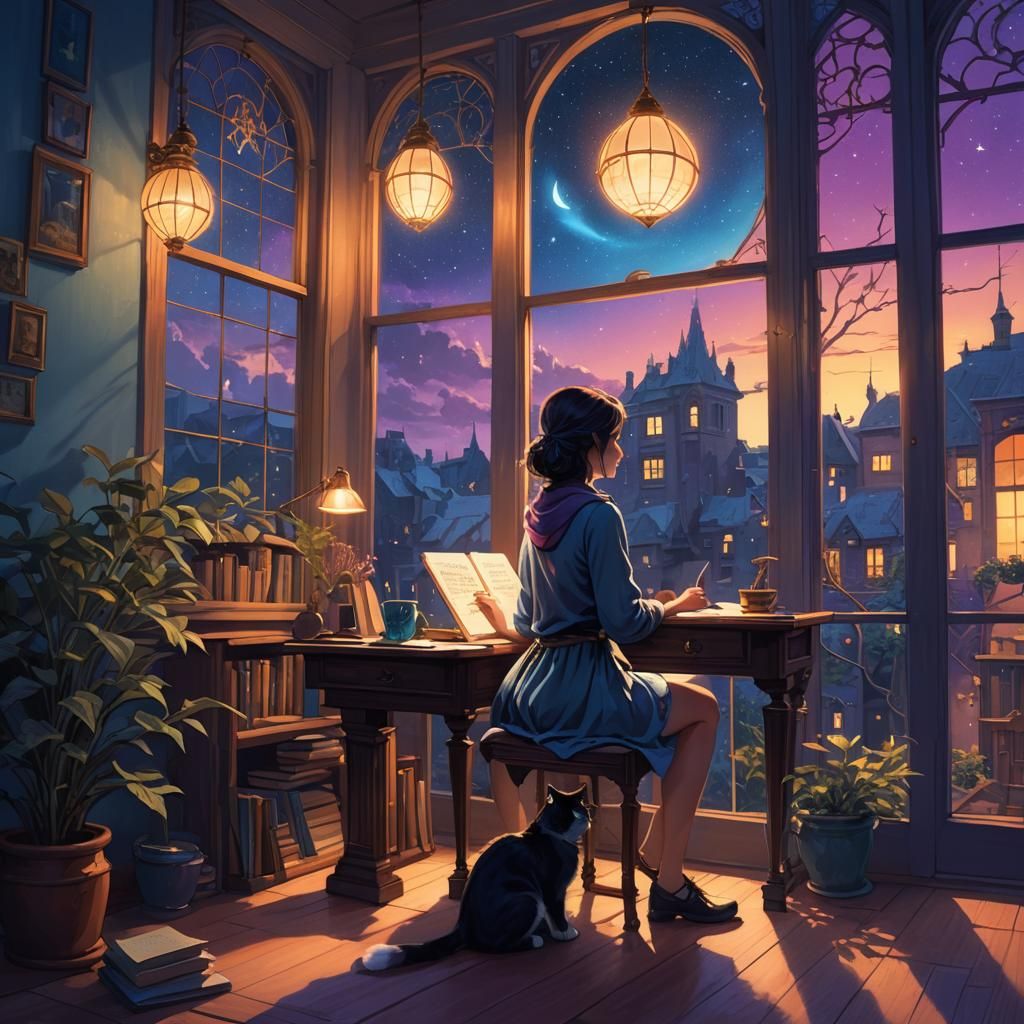 Lofi Girl Studying at Night in a Fantasy Setting