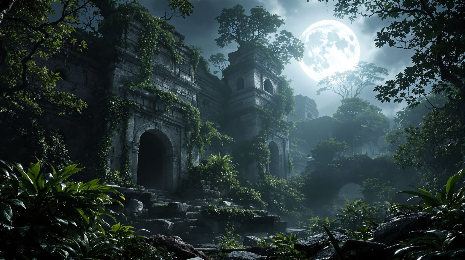 Lost Mayan City Under Silver Moonlight