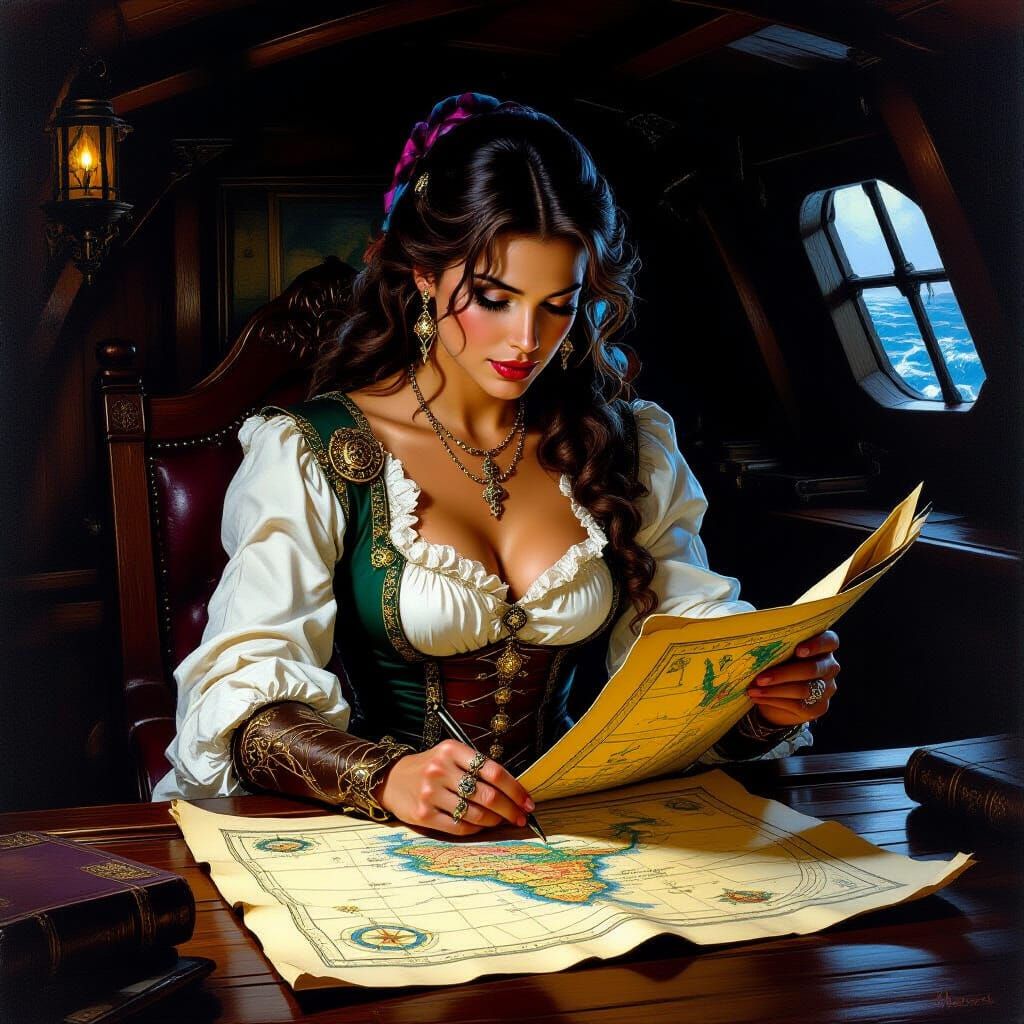 Ornate Lady Captain Navigating by Vintage Map