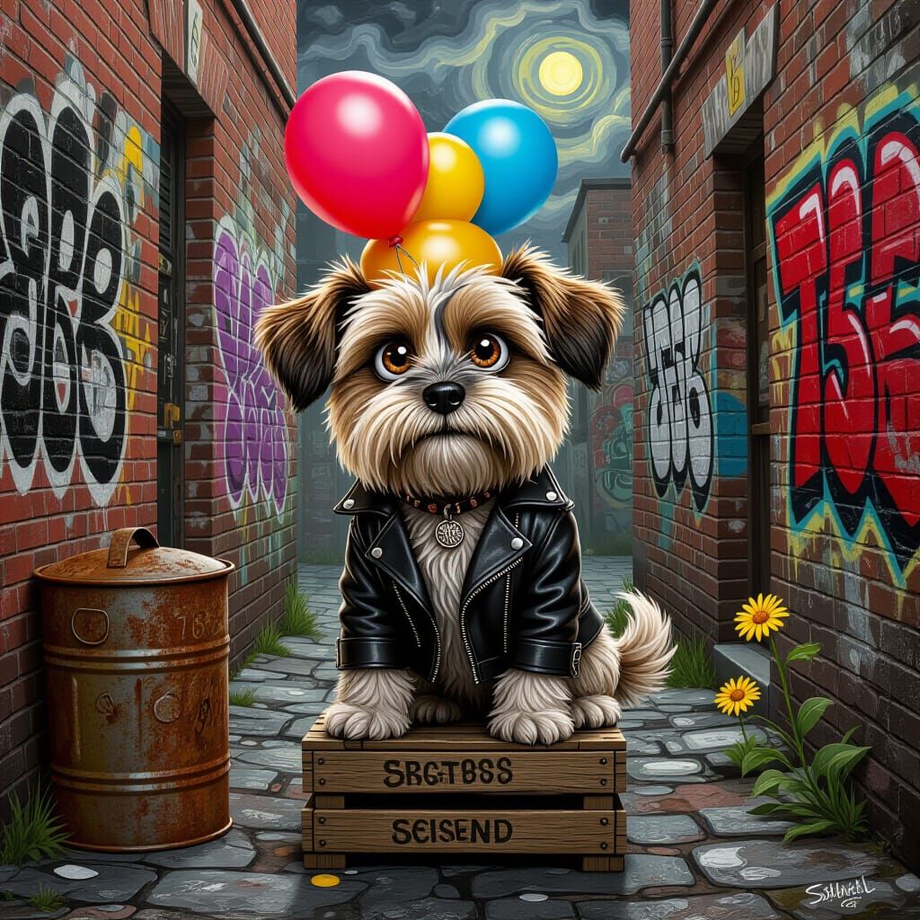 Dog in Alleyway: Cubist, Textured Digital Painting