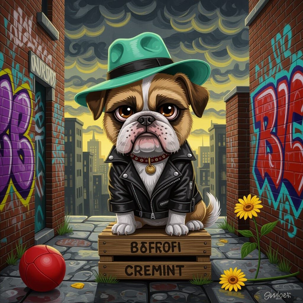 Grumpy Dog in Alleyway: Cubist Impasto Digital Art