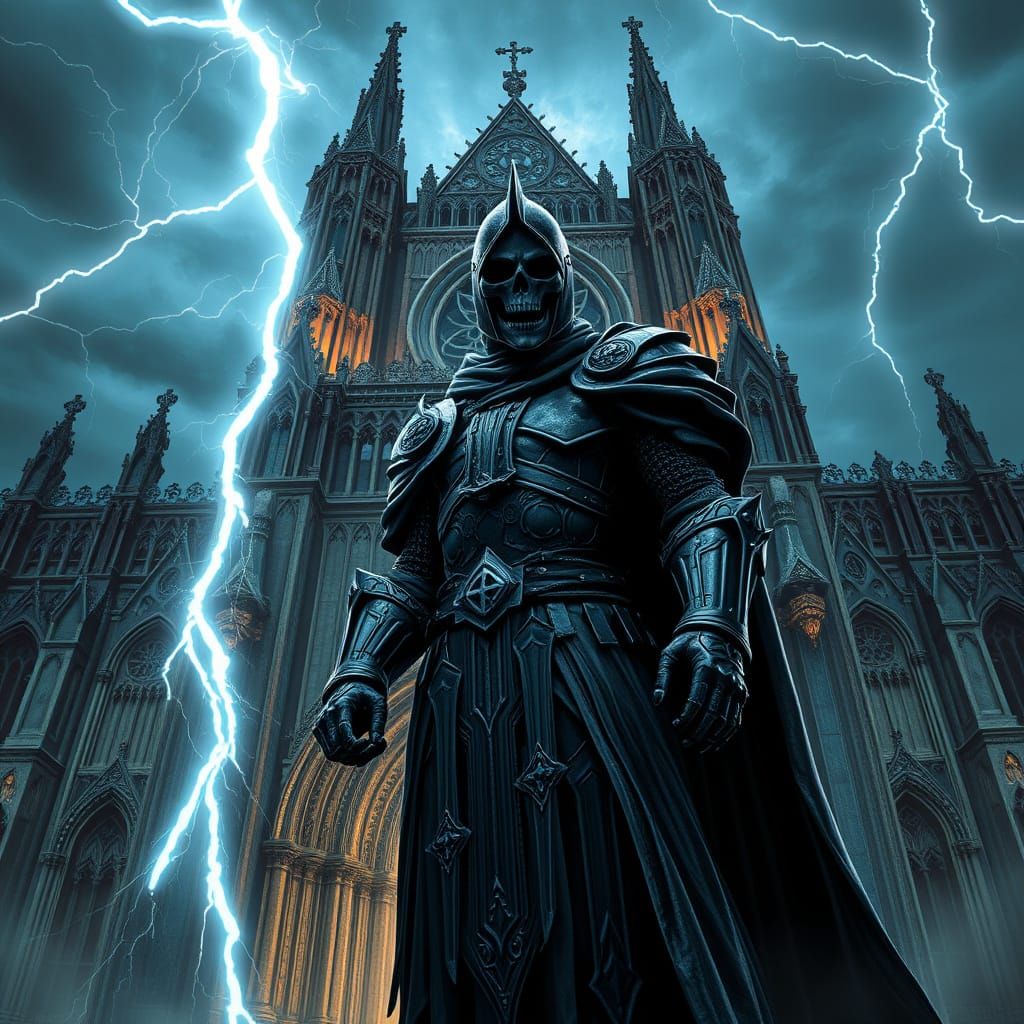 Gothic Knight Guards Cathedral Amidst Arcane Storm