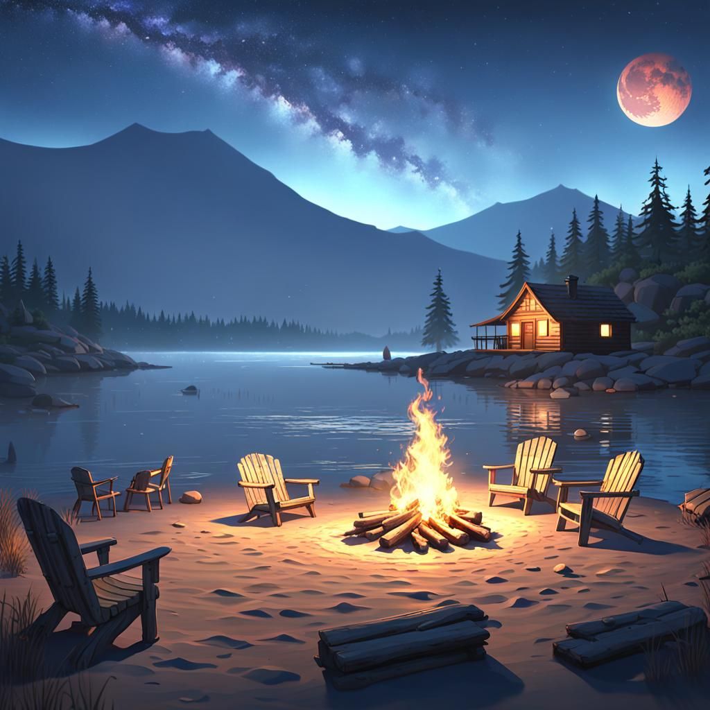 Lakeside Cabin Bonfire in 3D Anime Art Style
