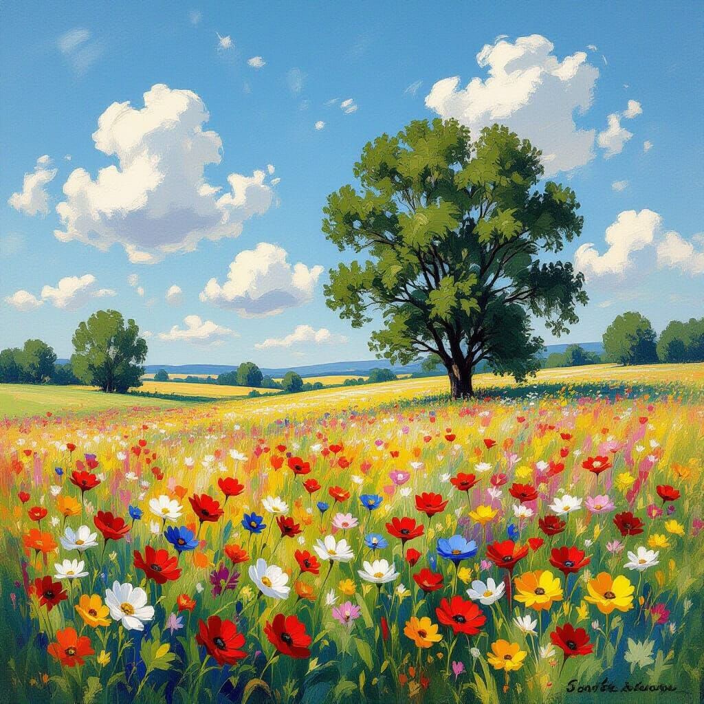 Dreamy Landscape with Flowers in Impressionistic Style
