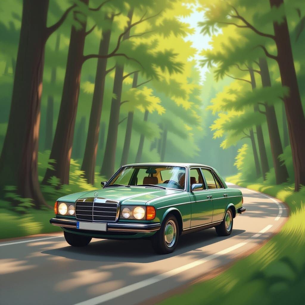 Vintage Mercedes Sedan in Forest Landscape