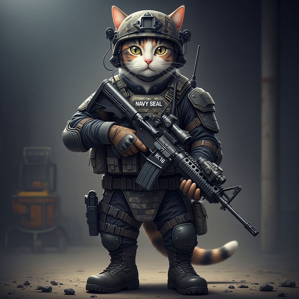 Cat Navy Seal in Tactical Gear, Hyperrealistic