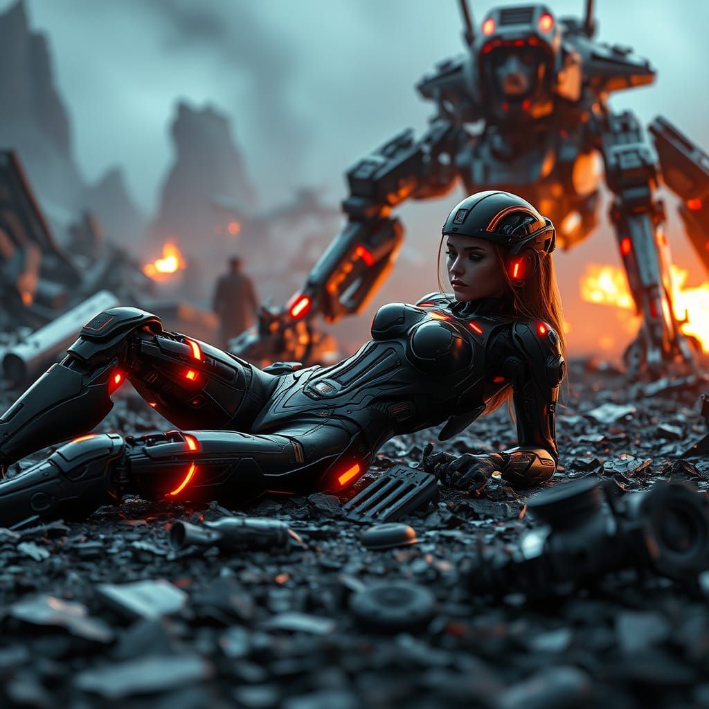 Cyberpunk Warrior Defeated on Metallic Battlefield