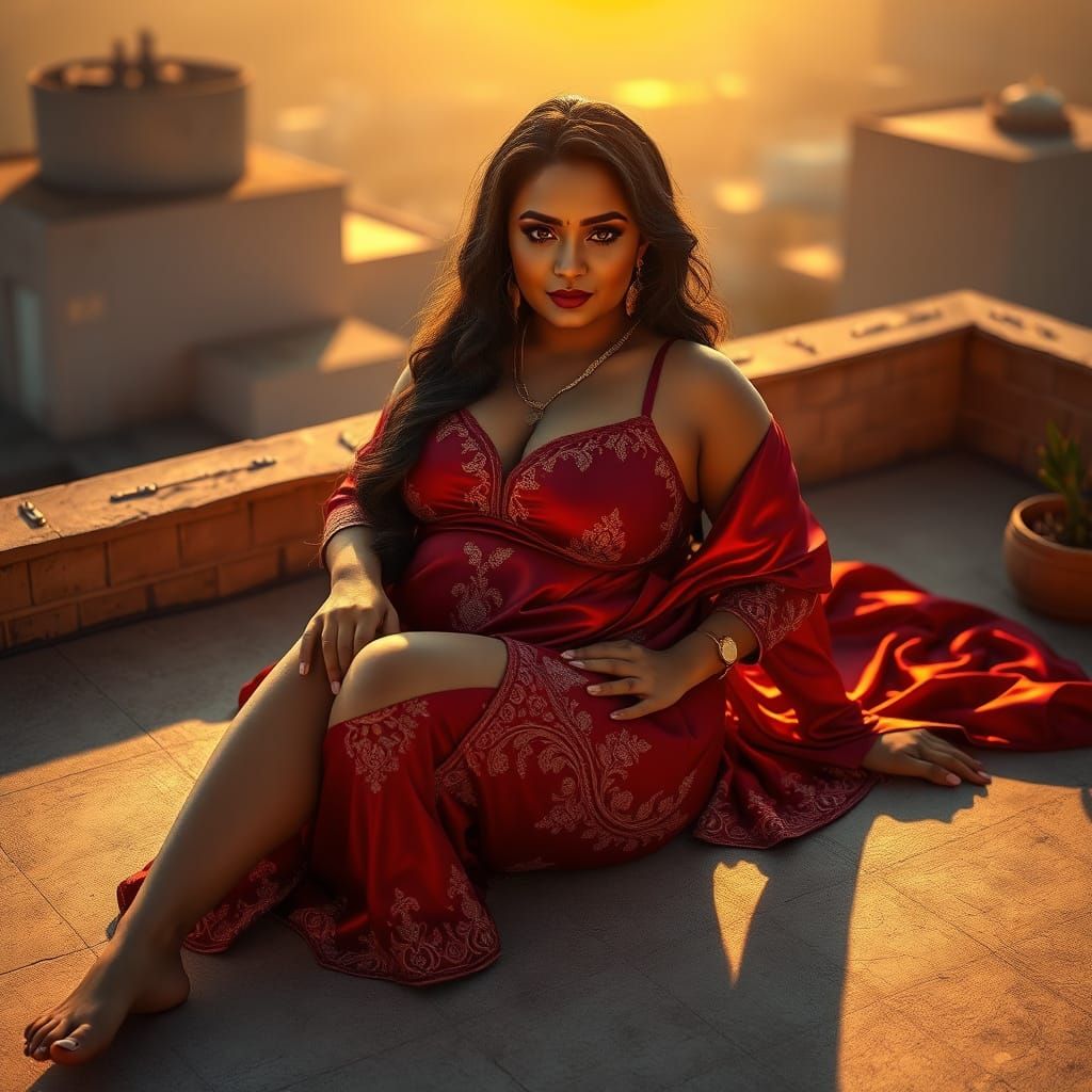Curvy Woman in Red Nighty Under Golden Sunlight