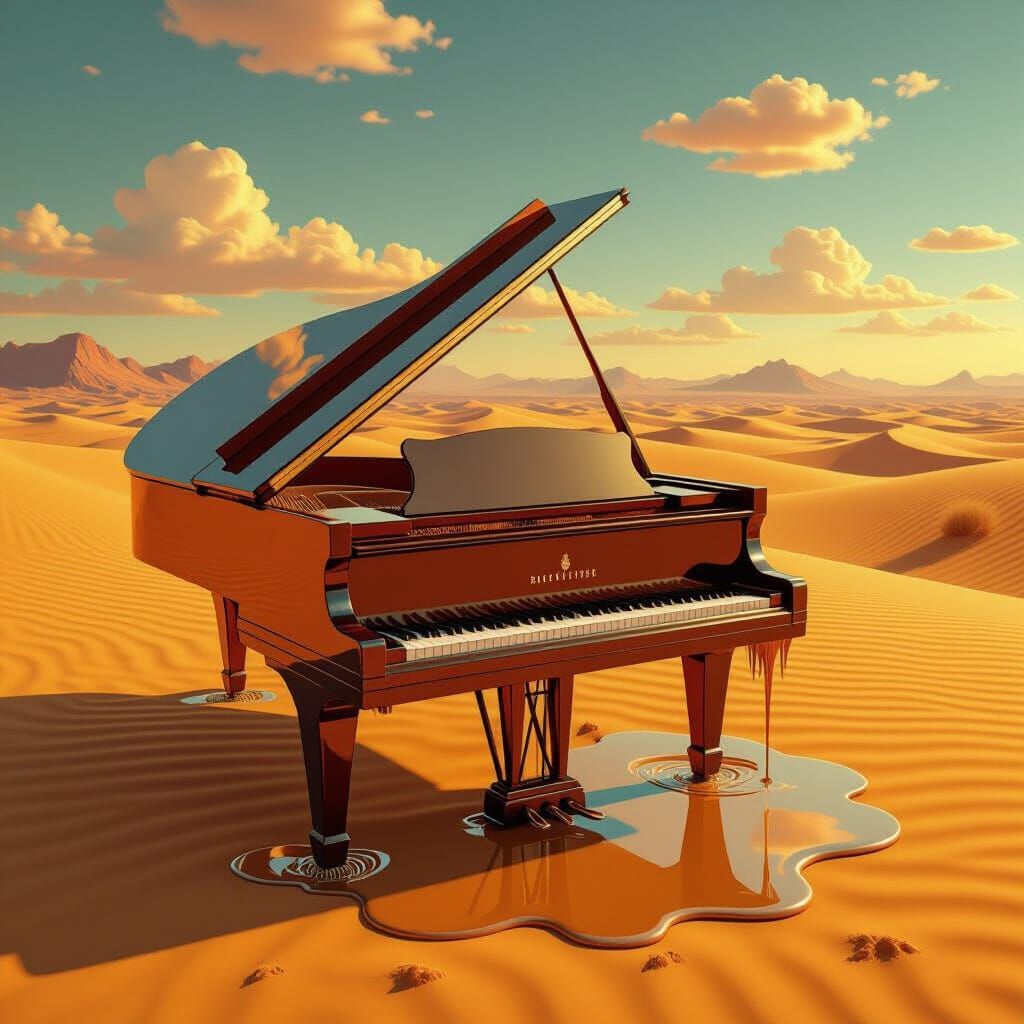 Surreal Melting Piano in Desert Landscape