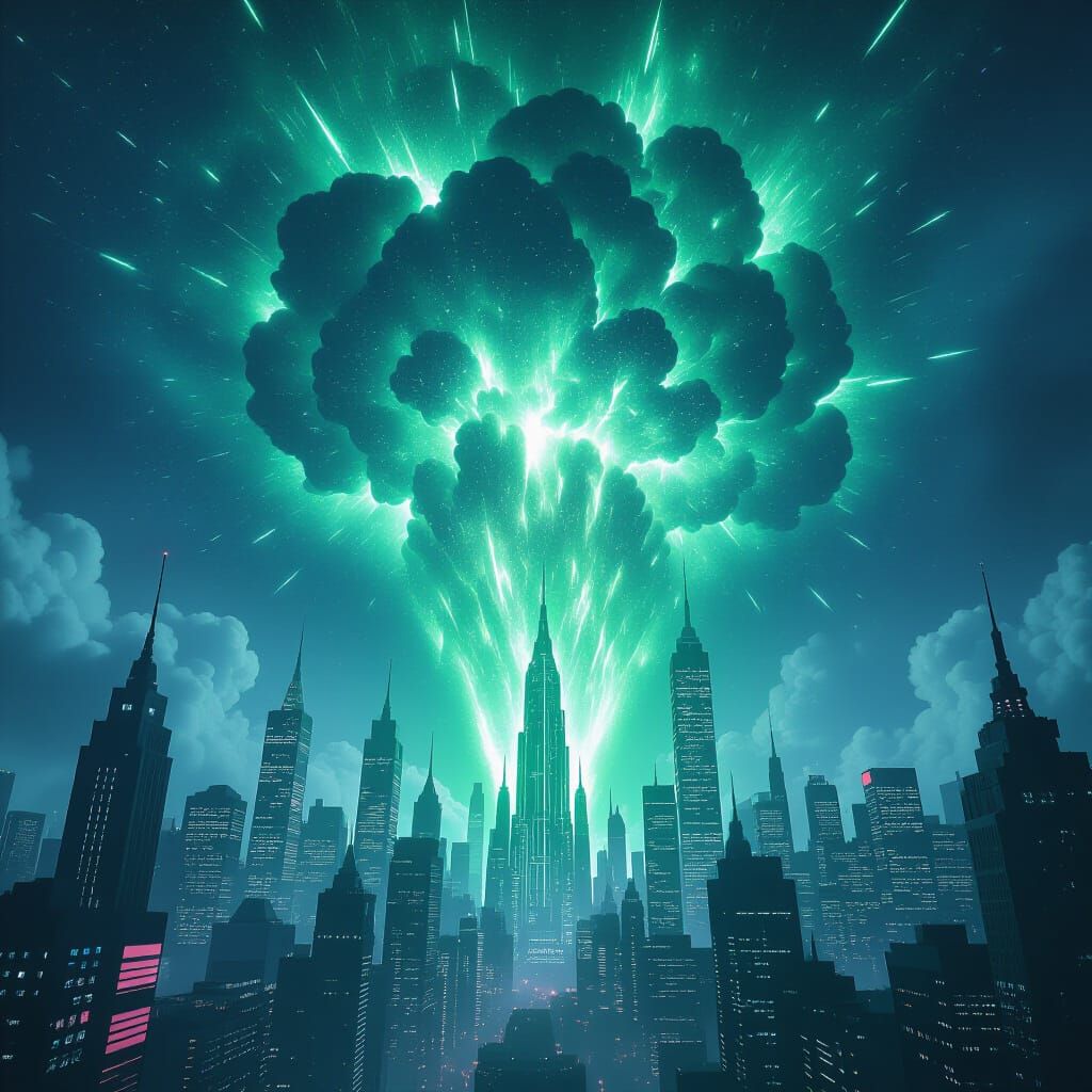 Massive Green Explosion Over Futuristic City