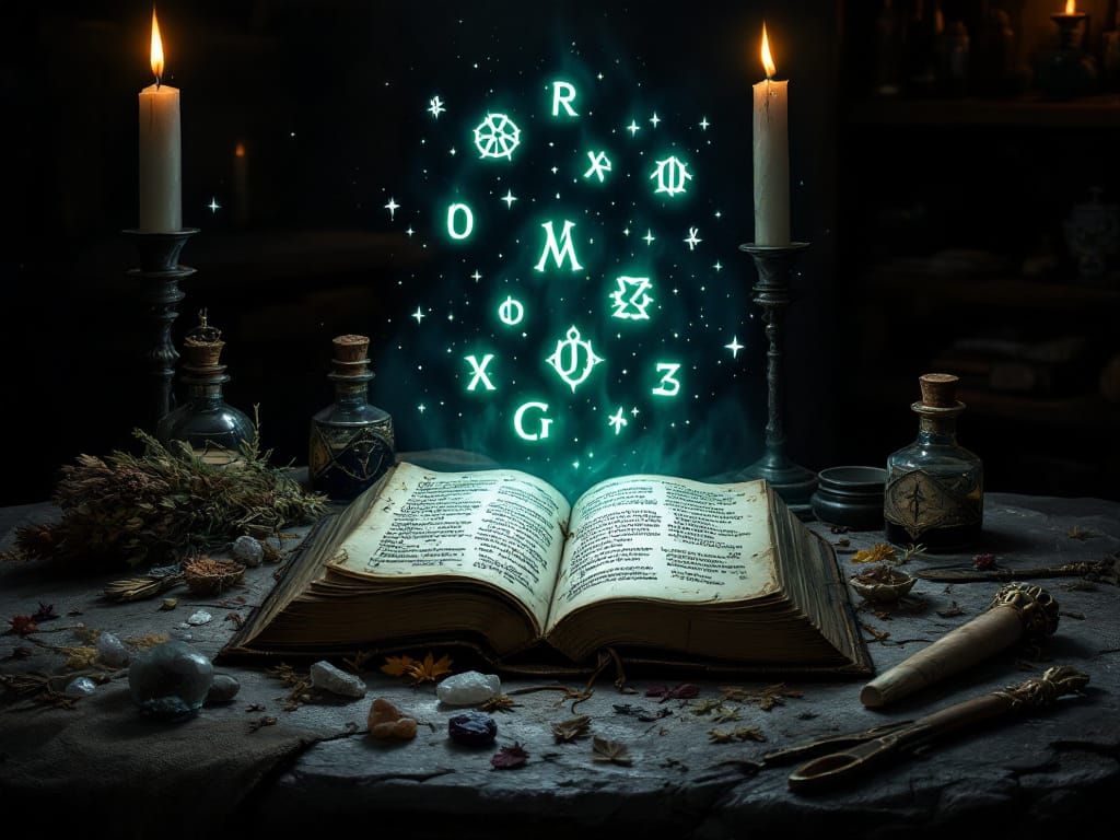 Mystical Spellbook with Glowing Runes in Dark Fantasy Style