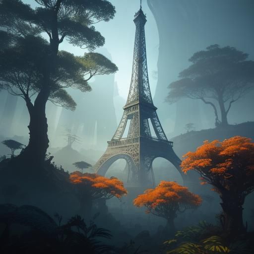 Eiffel Tower in Bioluminescent Jungle: Fantasy Concept Art