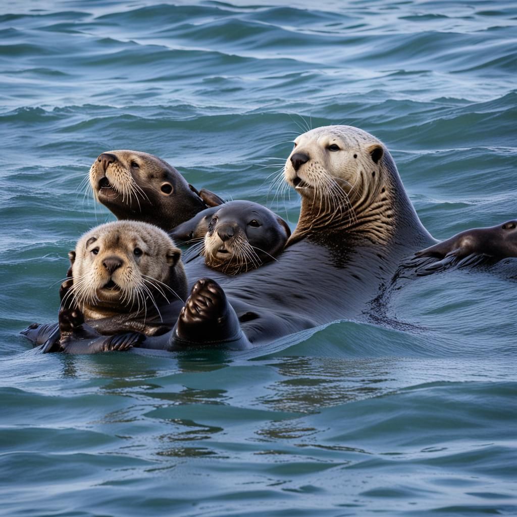 Sea Otters and Sea Lions Play in Ocean