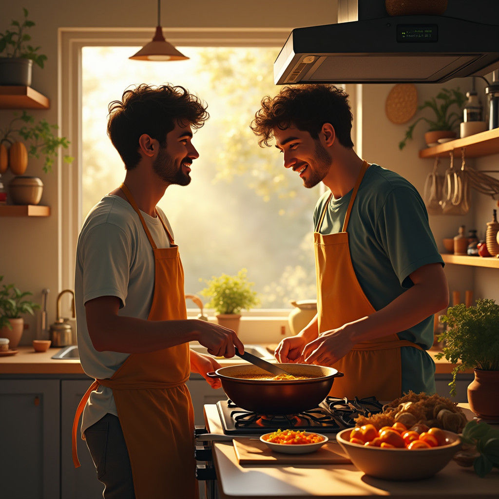 Two Brothers Cooking Indian Food in Kitchen
