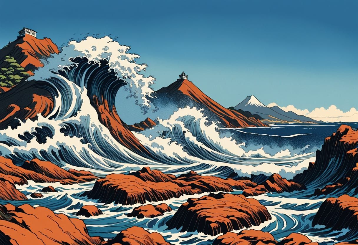 Massive Wave Crashes on Coast in Ukiyo-e Style