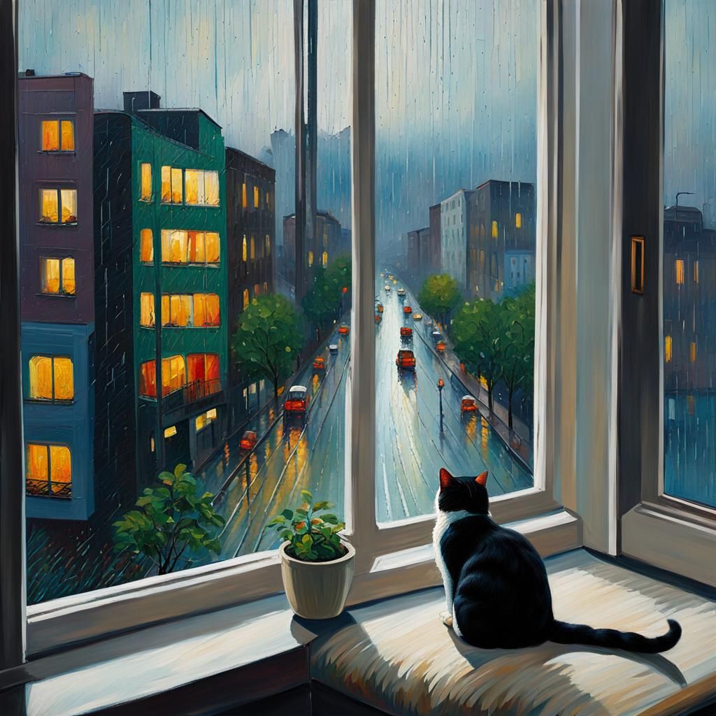 Rainy City View with Sleeping Cat, as Impasto Painting