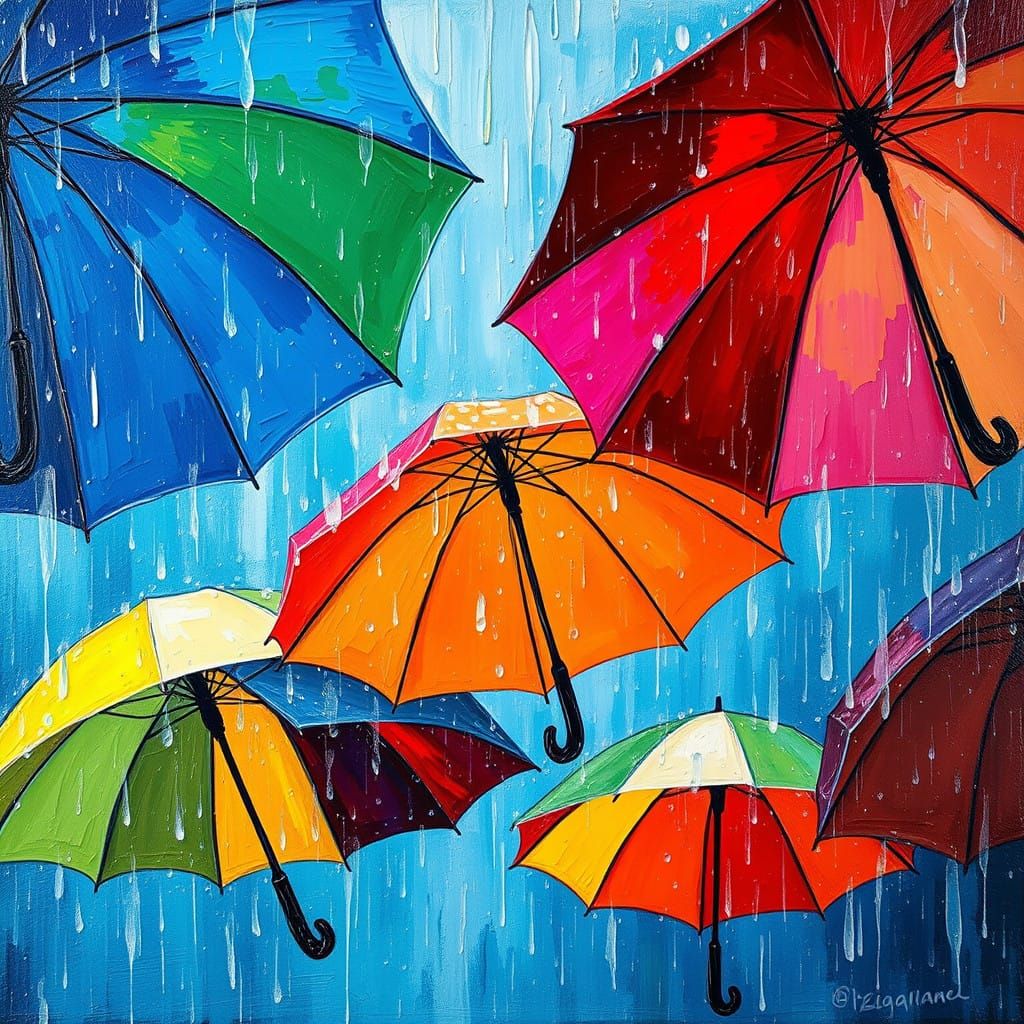 Vibrant Open Umbrellas in a Rainy Neo-Impressionist Scene