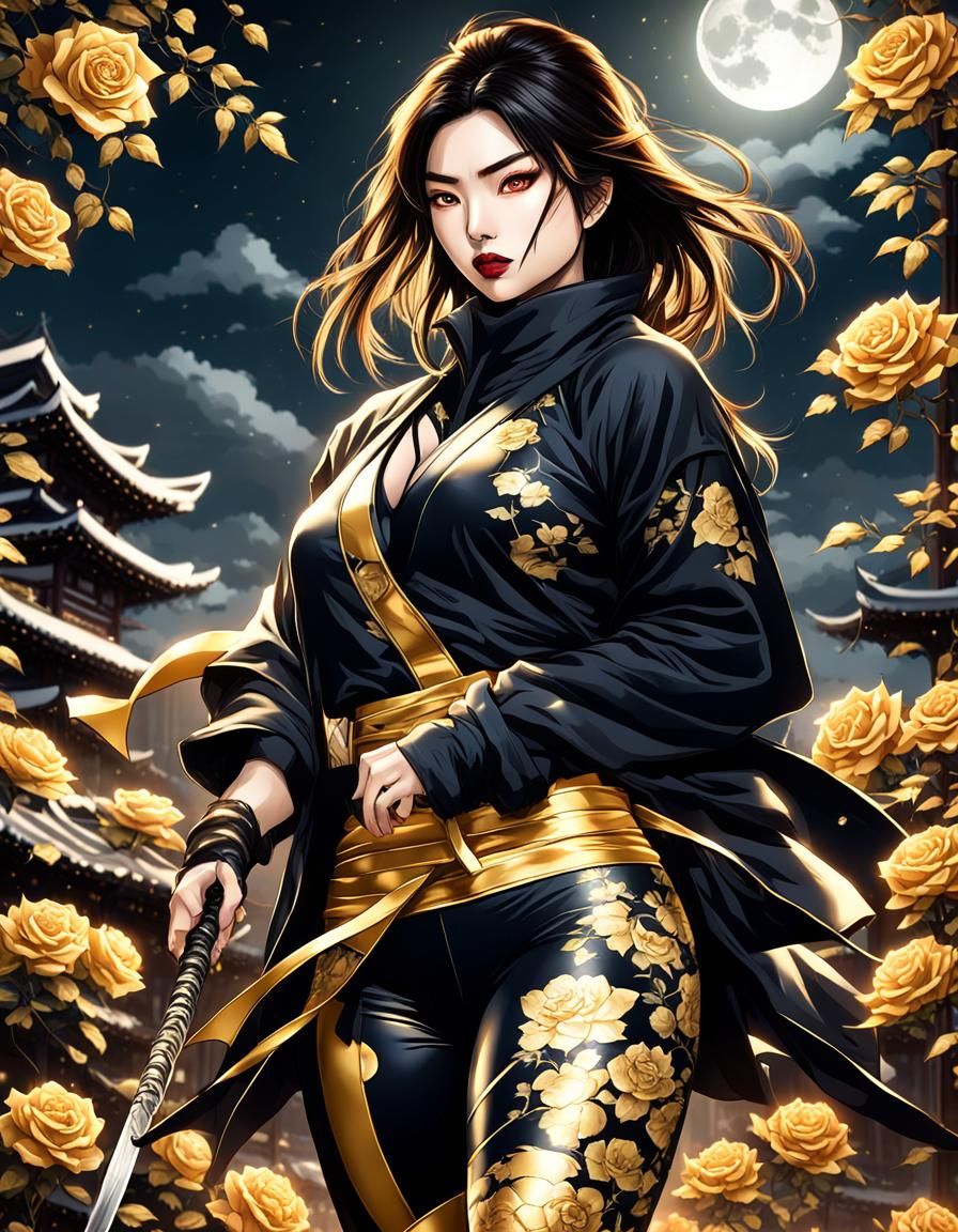 Brunette Kunoichi Ninja in Moonlit Tokyo Night