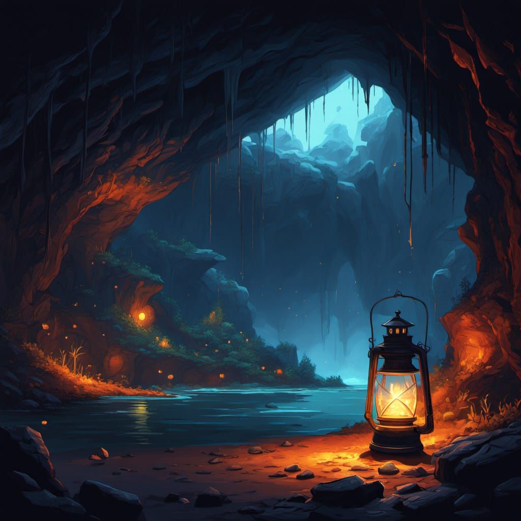Single Lantern Illuminates Vast Cave with Fireflies