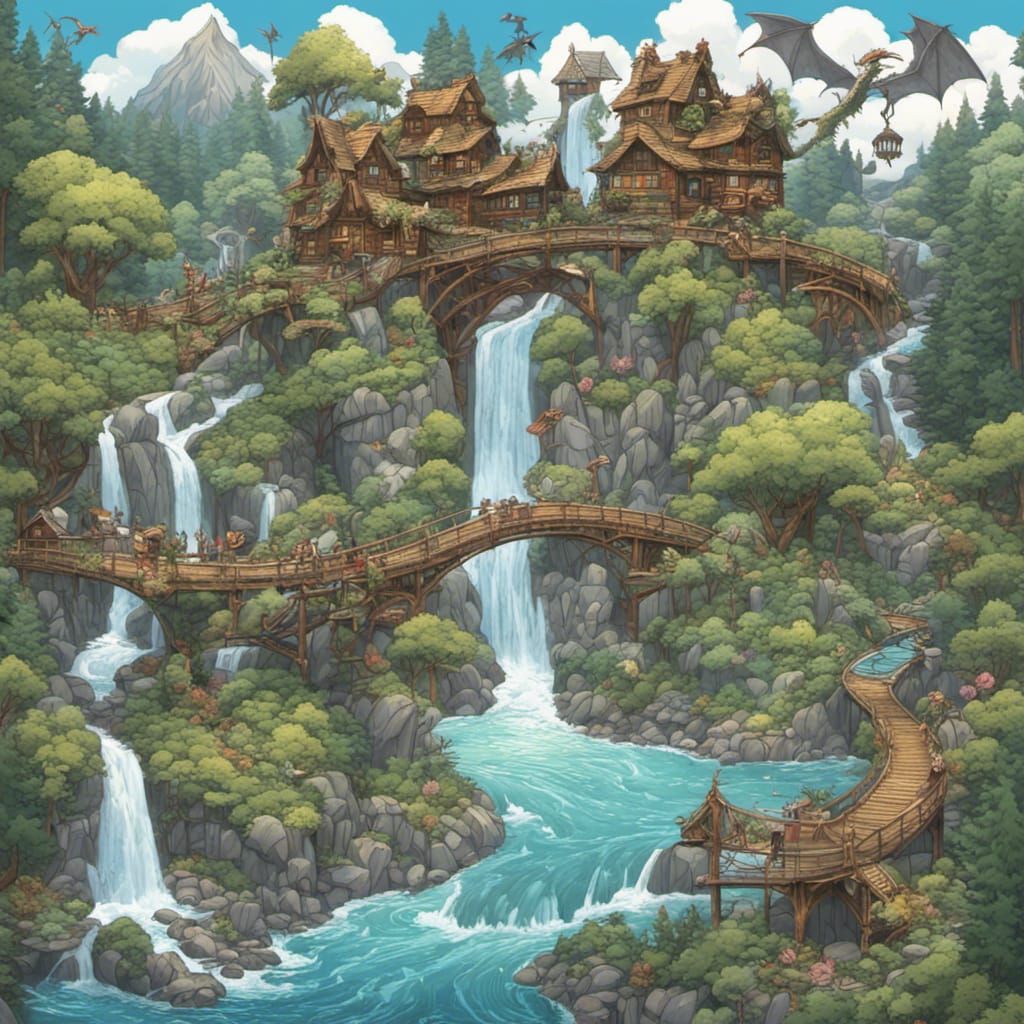 Fantasy Landscape with Dragons, Waterfalls and Treehouses