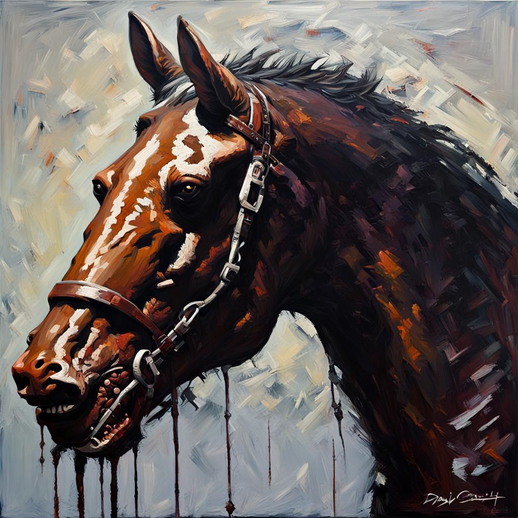 Expressionist Horror Portrait: Reptilian Horse in Oil