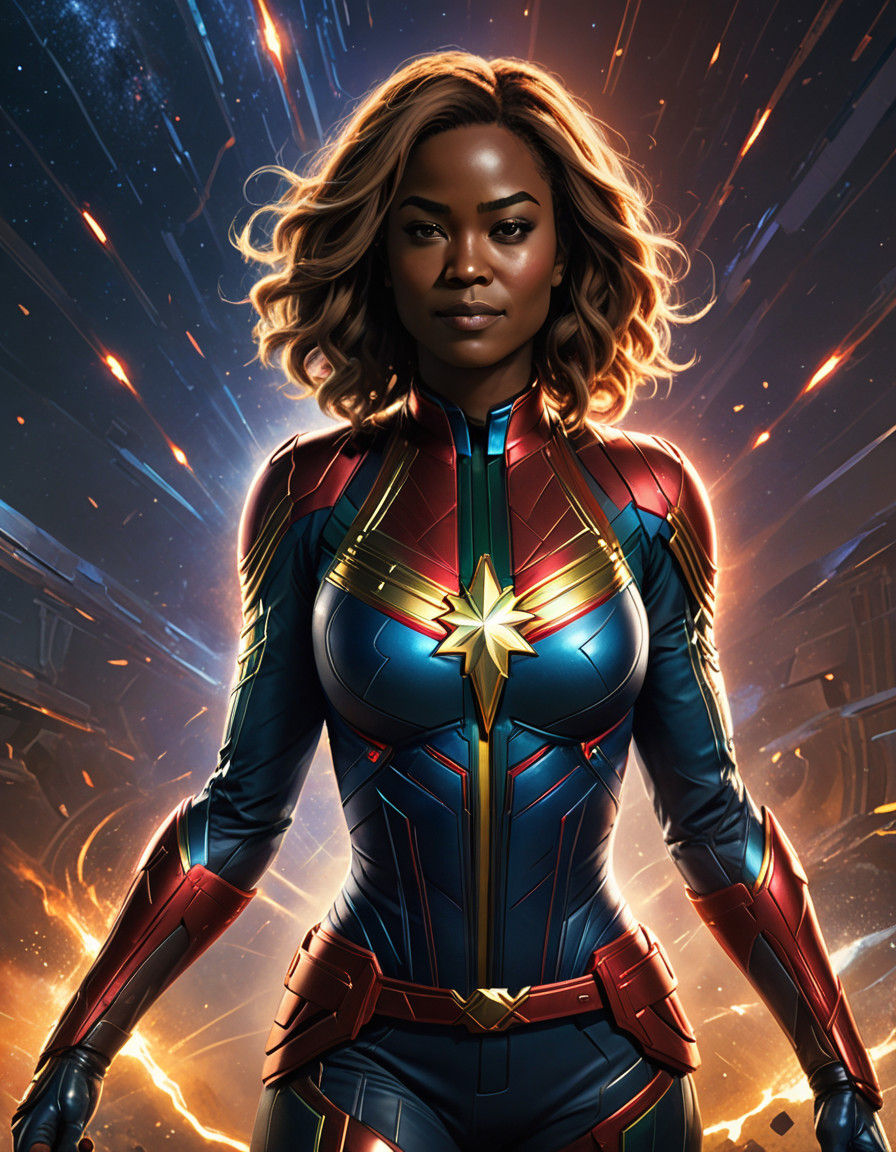 Dark-Skinned Superhero in Ultramarine Bodysuit Soars Through...