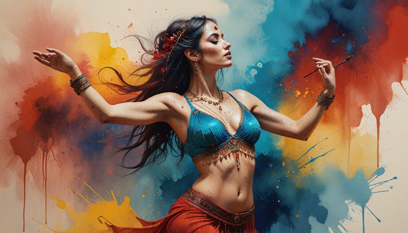 Vibrant Belly Dancer in Ethereal Sunrise Glow