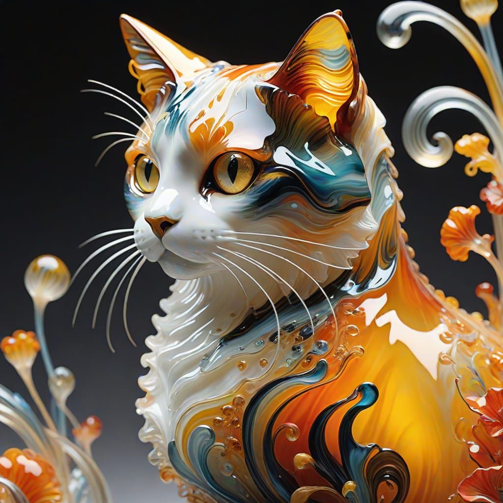 Murano glass sculpture of realistic calico cat,