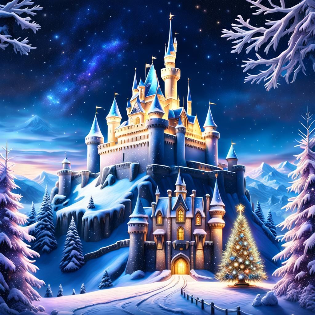 Majestic Starry Night Christmas Castle in Hyperrealistic Det...