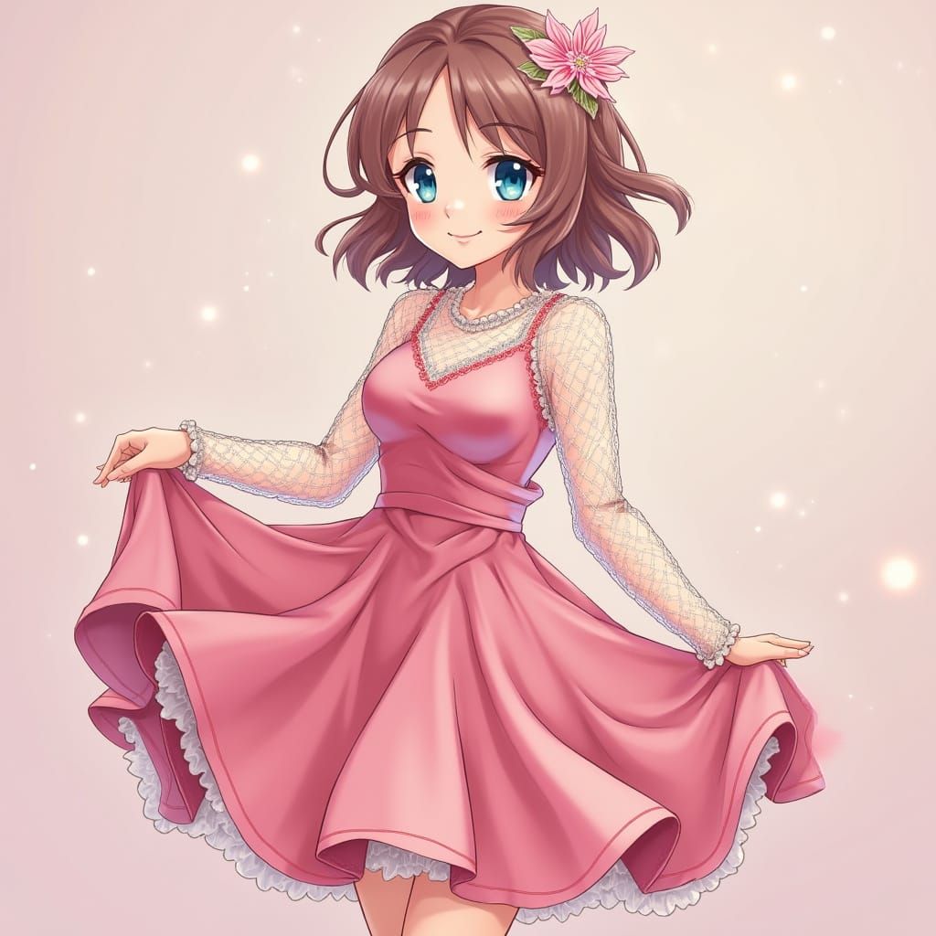 Pretty Anime Lady in Pink Satin Gown
