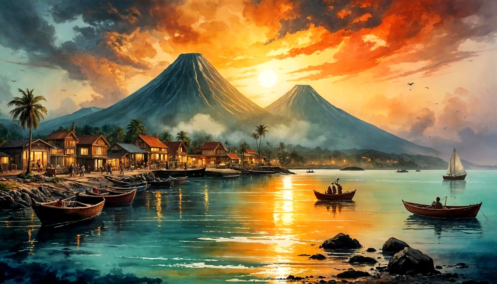 Volcanic Island Paradise in Vibrant Watercolor
