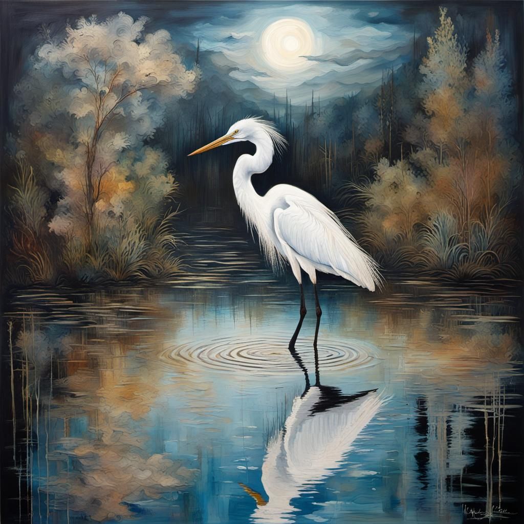 Abstract Landscape with Egret Reflection in Mixed Media