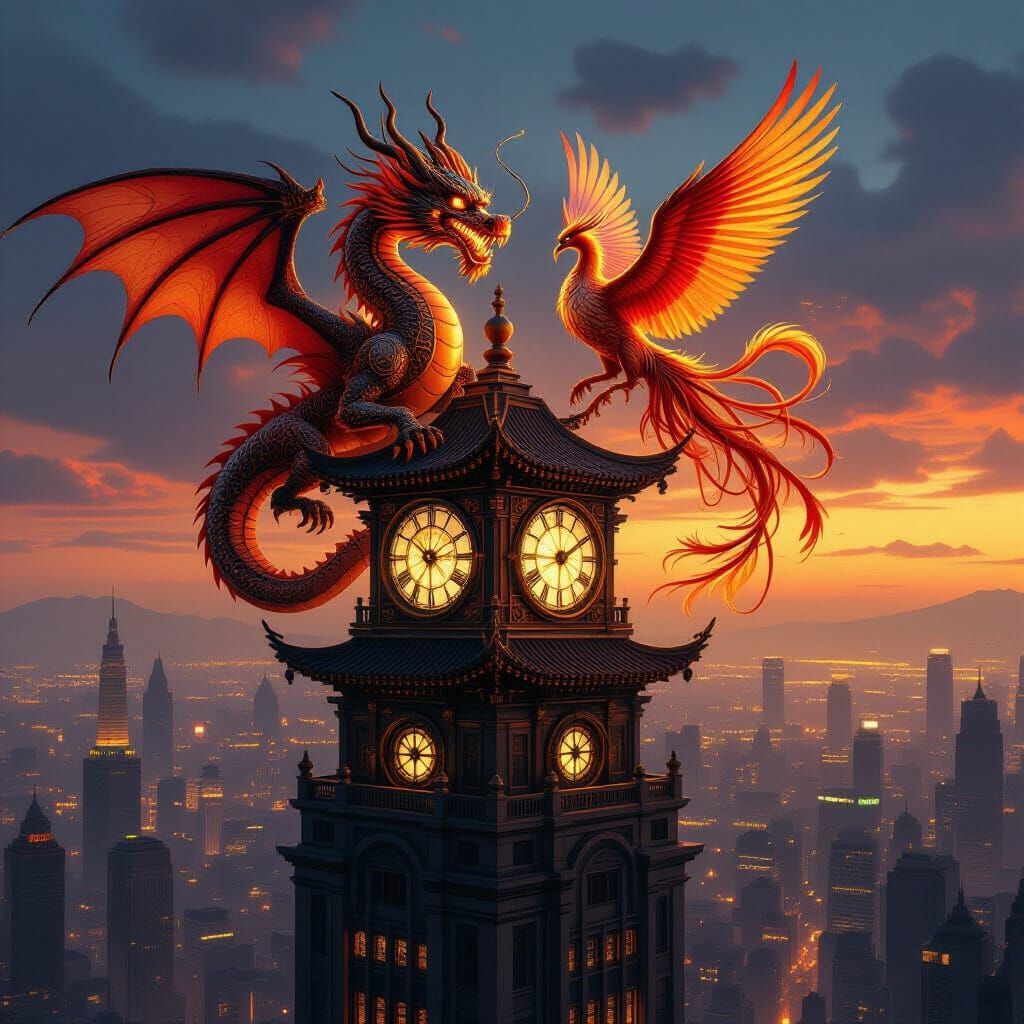 Steampunk Clockwork Dragon & Phoenix Over Tokyo